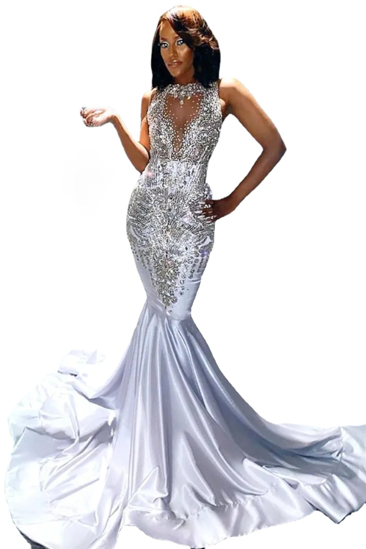 

Black Girls Satin Mermaid Prom Dresses Sheer Mesh Top Crystals Beaded Top Sweep Train Celebrity Evening Gowns, Silver
