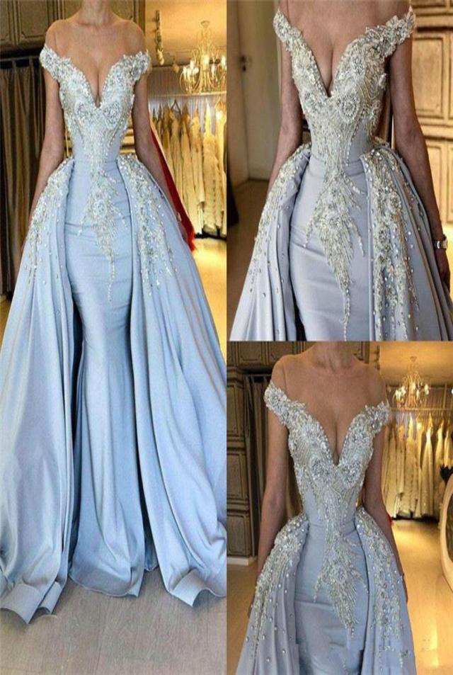 

Sky Blue Elegant Evening Dresses with Detachable Skirt Off Shoulders Applique Sequin Long Satin Pageant Celebrity Gowns Prom Dress3184973, Same as picture