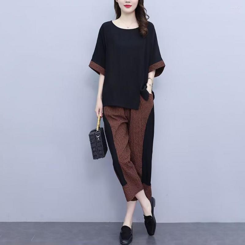 

Women's Two Piece Pants Women Summer Tracksuit Patchwork T-shirt Set Daily Wear Trendy Cropped Lady Outfit, Black
