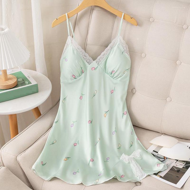 

Women's Sleepwear Women Lace Strap Nightgown Print Flower Chemise Nightwear Sexy Backless Nightdress Summer Satin Morning Gown Homewear, Style-2