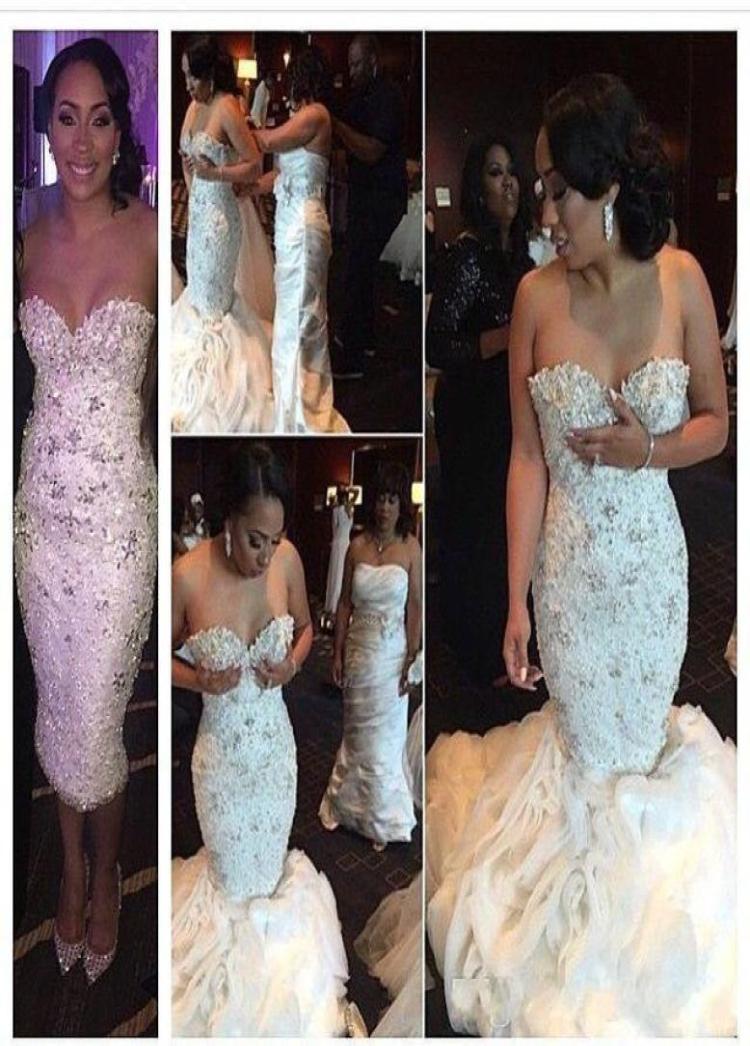 

Stunning Crystal Mermaid Wedding Dresses Beaded Flouncing Ruched Organza Detachable Train Wedding Gowns Plus Size White Bridal Dre5435213, Ivory