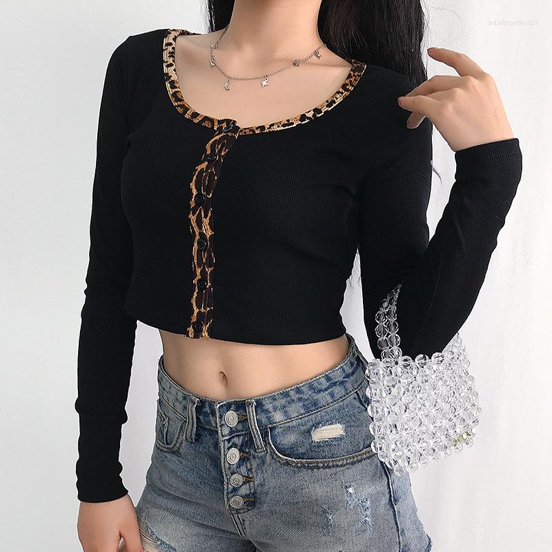 

Women' T Shirts 2023 Women Casual Patchwork Leopard Basic T-shirt Tops Femme Korean All-Match Long Sleeve Cropped Tee High Street, Black