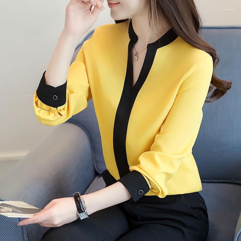 

Women's Blouses Womens Chiffon Shirt Long Sleeve V-neck Loose Solid Color Top Women Clothing Blusas De Mujer, Yellow