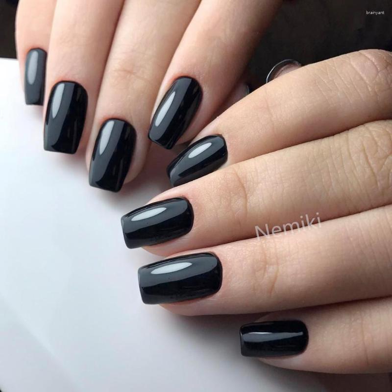 

False Nails Reusable Long Square Faux Ongles Adhesive Press On Nail Glossy Black Artificial Finger Manicure Tool COMBO