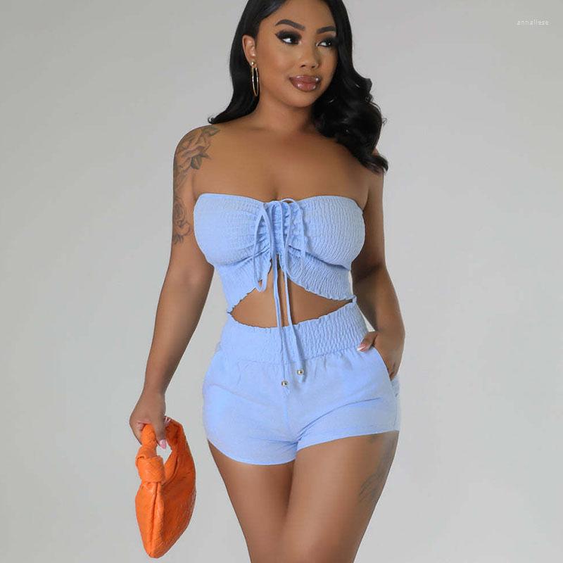 

Women's Tracksuits Solid Ruched Casual Two Piece Set Women Summer Lace-up Strapless Crop Top And Shorts Night Party Holiday Beach Outfits, Sky blue