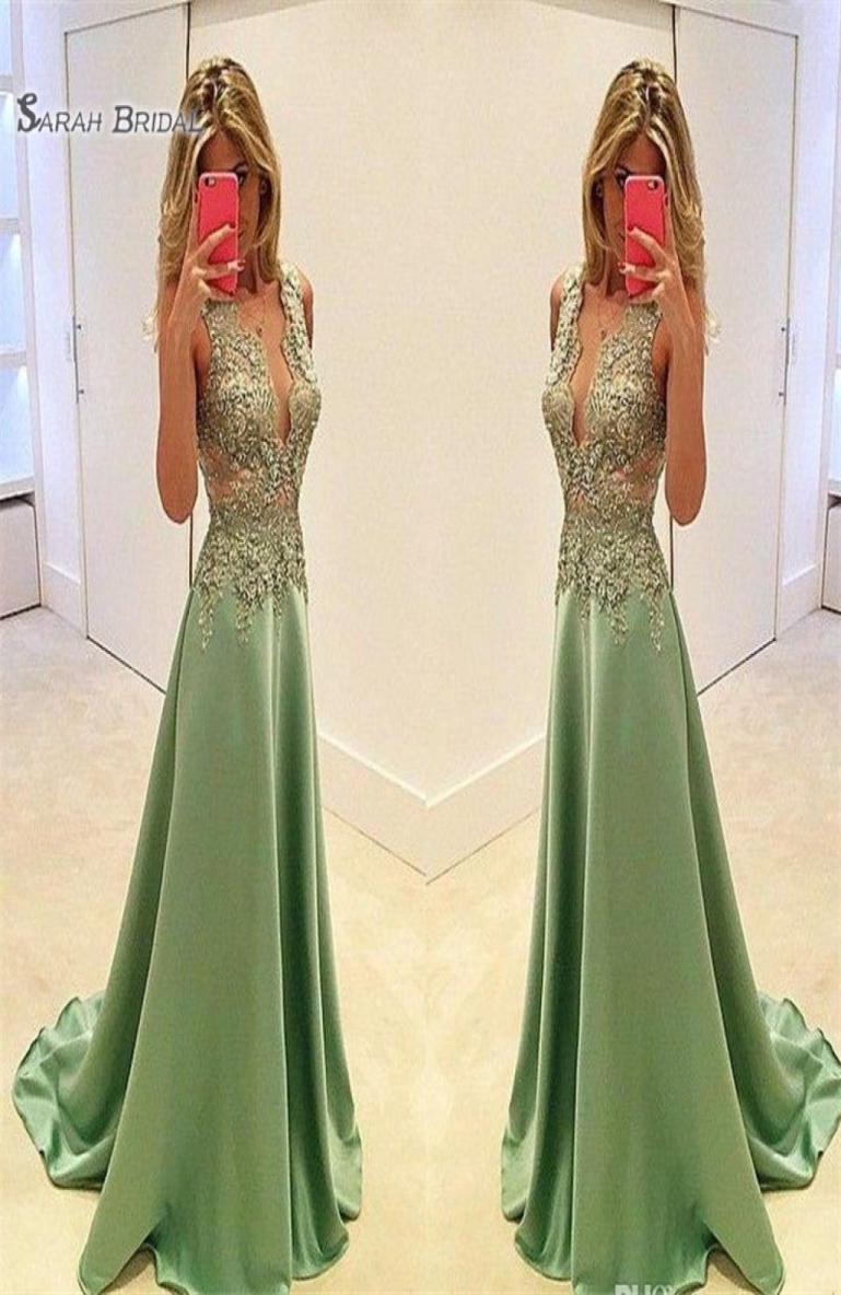 

Sexy A Line Satin Evening Gowns Long Prom Dresses Appliques Plunging Neckline Formal Party Maxi Dress4740138, Sage