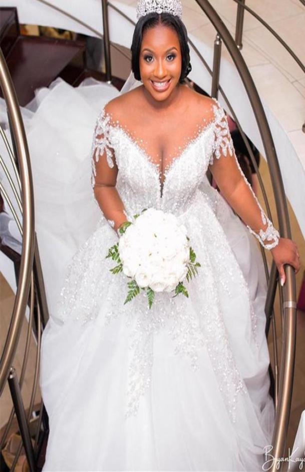 

2021 Plus Size Arabic Aso Ebi Luxurious Mermaid Beaded Wedding Gowns Lace Sheer Neck Long Sleeves Detachable Train Bridal Dresses 6962434, Gold