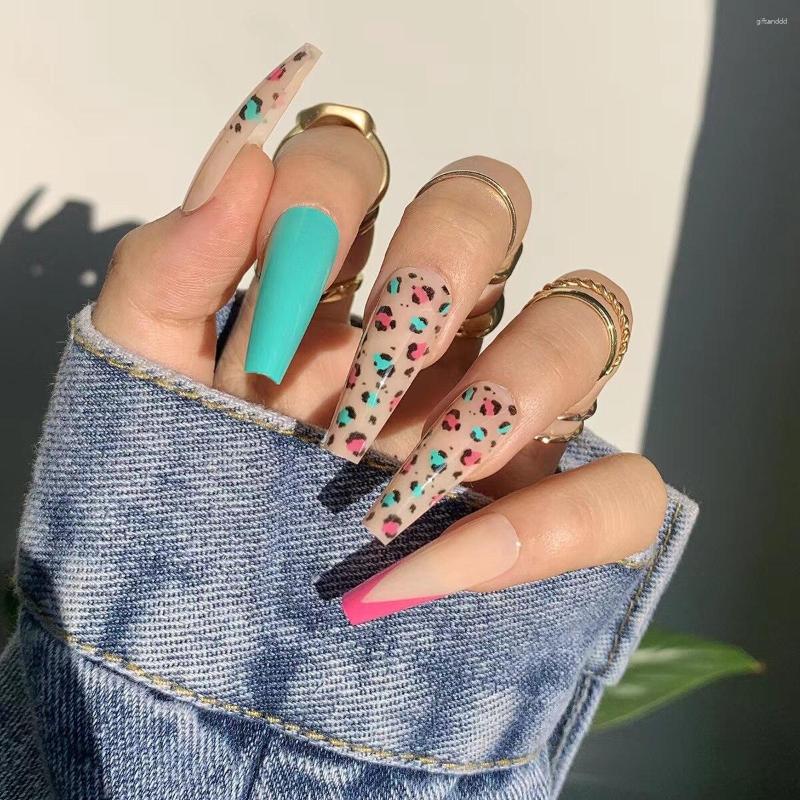 

False Nails 2023 Long Coffin Shape Leopard Printed Green And Pink Color Press On For Girl Women, Picture shown
