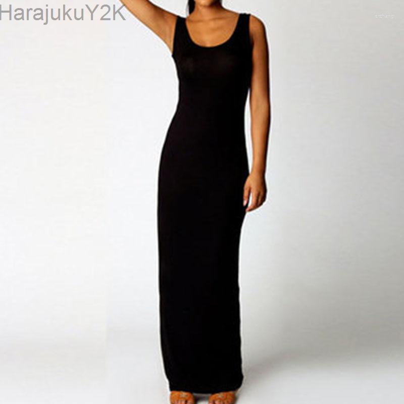

Casual Dresses Sleeveless Women High Stretch Tank Robe Summer O-neck Bodycon Long Dress Ladies Solid Slim Beach Maxi Vestidos De Verano, Apricot