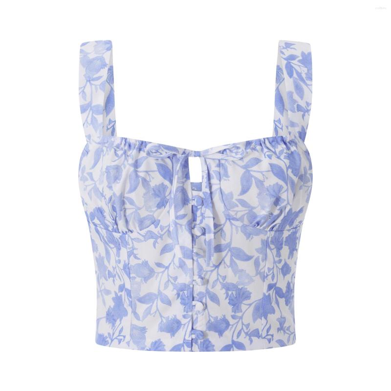 

Women' Tanks Puloru Floral Print Suspender Corsets Crop Tops Elegant Summer Sleeveless Tie-up Ruched Chest Vest Backless, Blue