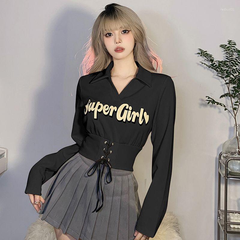 

Women's T Shirts Hikigawa Chic Fashion Women Spring Vintage Letter Print Drawstring Lace-Up Slim Waist V Neck T-Shirts Streetwear Y2k Crop, Black