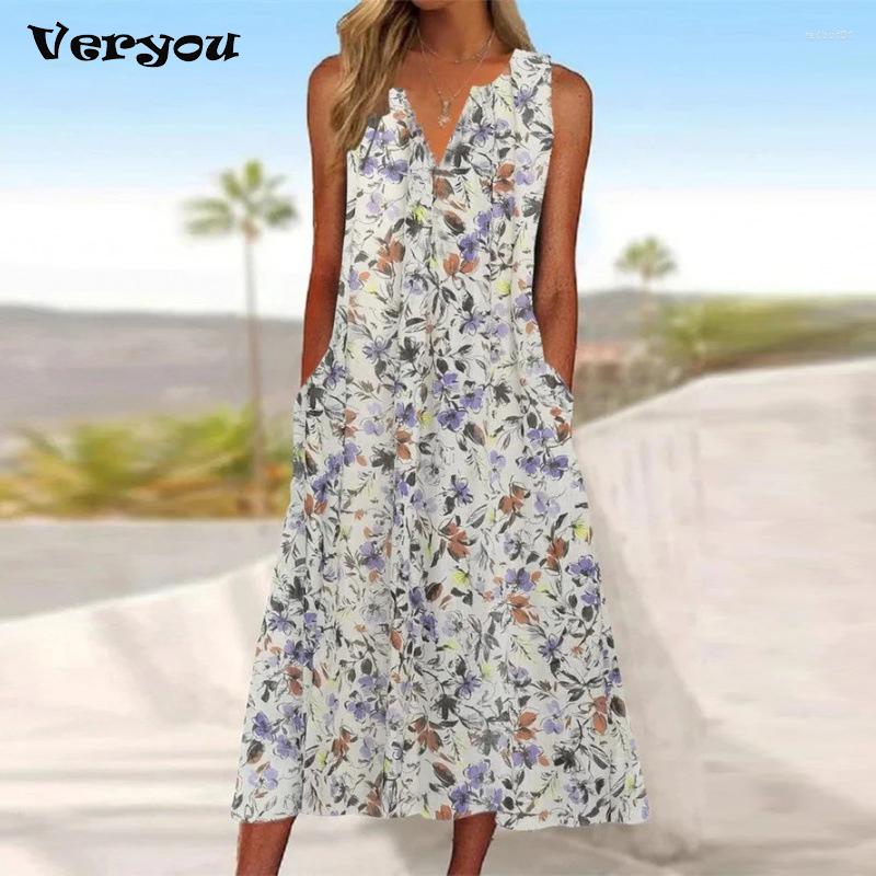 

Casual Dresses Women Summer A-Line Dress Floral V Neck Loose Holiday Beach For Sleeveless Boho Maxi 2023, 01