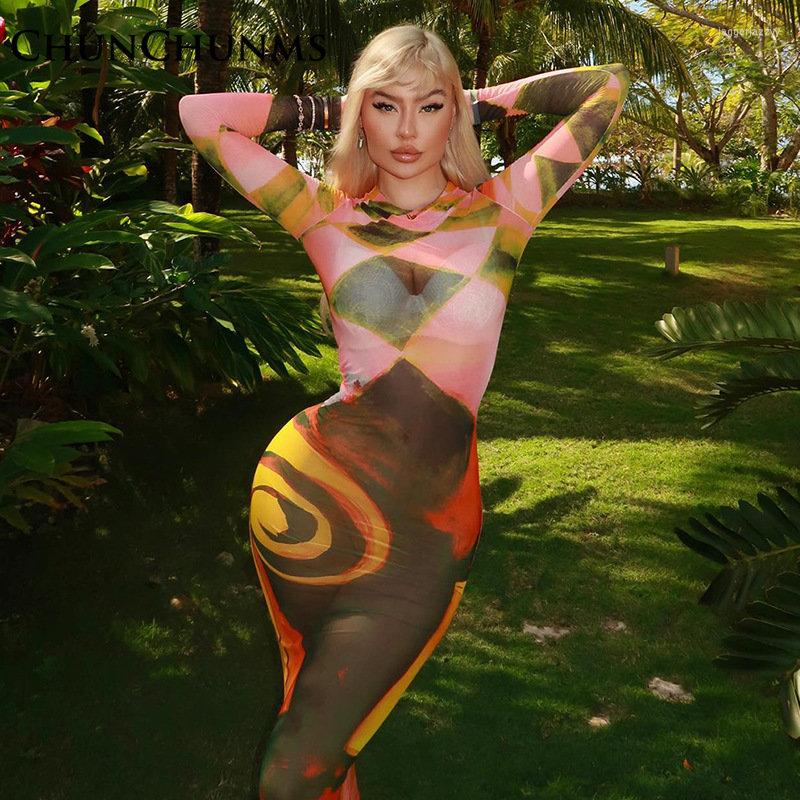 

Casual Dresses Sexy See-through Print Mesh Maxi Dress For Women Round Neck Long Sleeve Bodycon Party Club Outfit Robes 2023, Orange printing