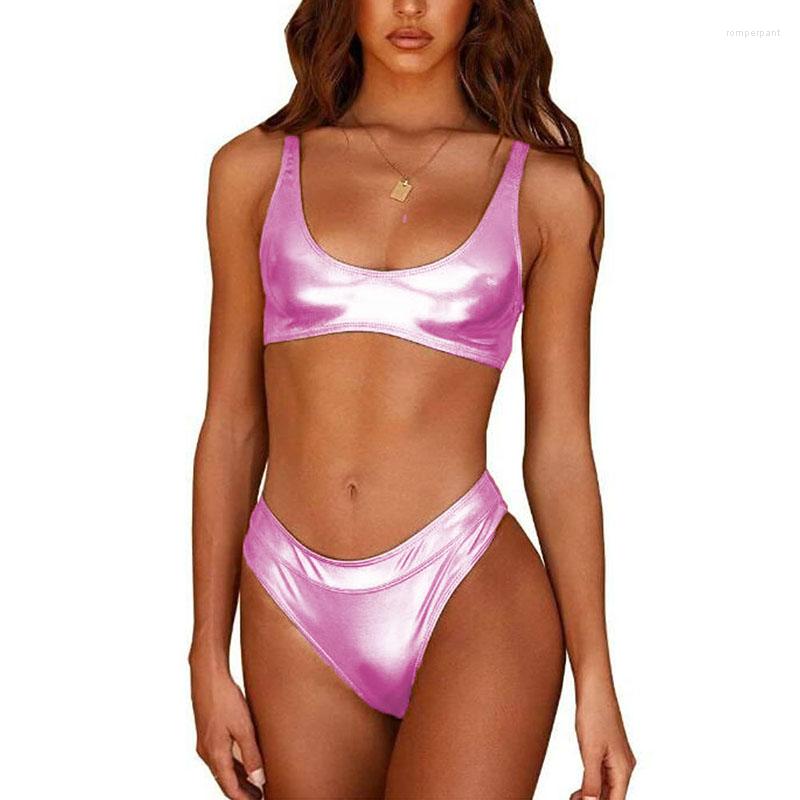 

Women' Tracksuits Summer Women Sexy Shiny Metallic Bikini 2 Piece Set Classic Swimsuit Sleeveless Plus Size Crop Top With High Cut Briefs, Black