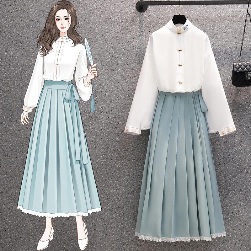 

Work Dresses Large Size Women's Two Piece Set 2023 Spring Autumn Retro Slim Long Sleeve Shirt And Skirt Modified Han Suit Elegant OutfitZ234, Suits