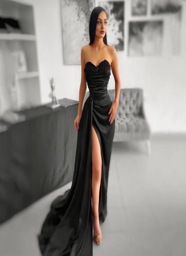 

Black Mermaid Satin Evening Dress 2022 Sexy Long Sweetheart High Slit Lace Appliques Prom Formal Gown Celebrity Wear Robe De Soire7695854, Yellow