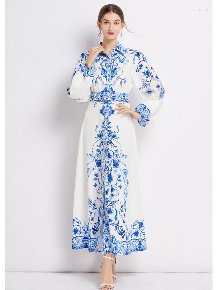 

Casual Dresses Retro Blue And White Pottery Printed Maxi For Women Lapel Bubble Sleeve Belt Slim Vacation Holiday Long Dress
