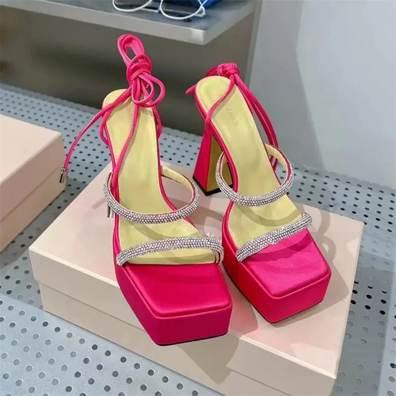 

sandals Double waterproof platform Crystal studded Ankle Wraparound dress shoes Party Designers 9.5cm high heeled rhinestone Rome womens sandal With Box, Fuchsia