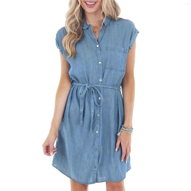 

Casual Dresses Sleeveless Denim Dress V Neck Button Strap Waist Tunic Fitting Breathable Commuting Womens, Blue