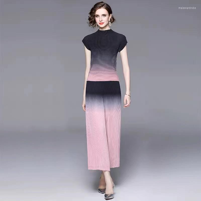 

Women's Tracksuits Fashion Summer Pants Two Piece Set Elegant Women Pink Hit Color Short Stretch Tops High Waist Pleated Wide -Leg Trousers, Green