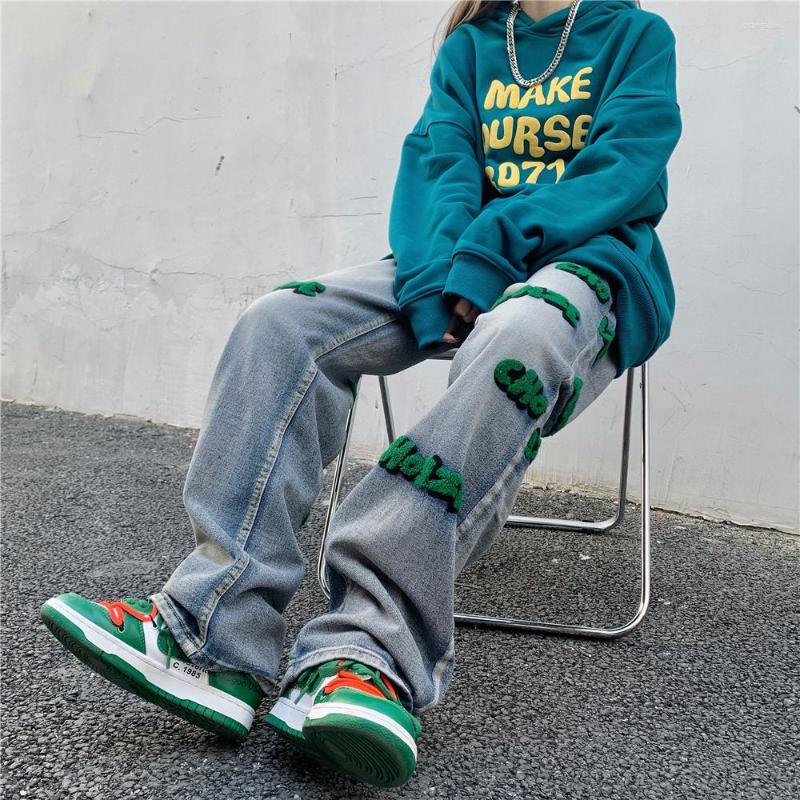 

Women' Jeans Streetwear Denim Trousers Men Women Loose Wide Leg Straight Vintage Washed Letter Flocked Hip Hop Harajuku High Street, Blue