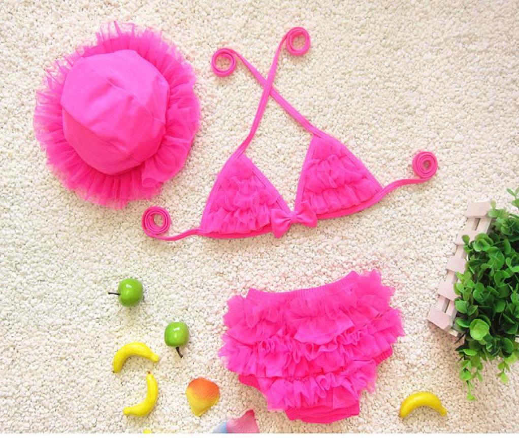 

4 Colors Girls Swimwear Lace Tiered BikiniCap Swimming Suit For 18 years old baby girls3381006, Brown