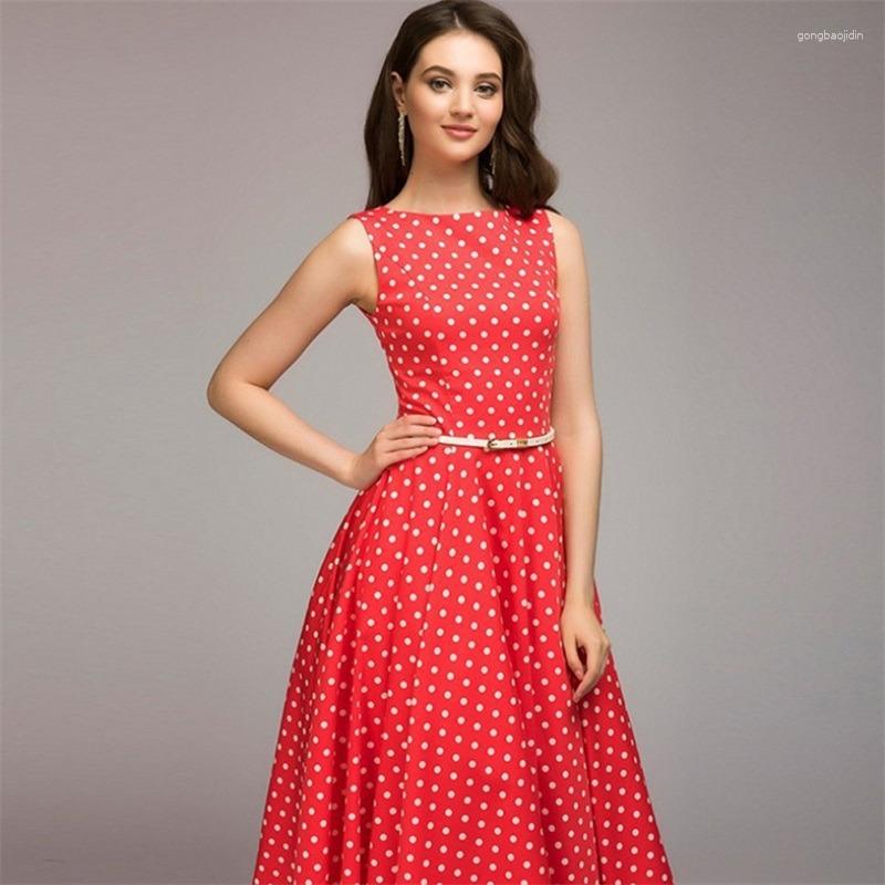 

Casual Dresses Vintage Polka Dot Swing Party Summer Lady Sleeveless O-Neck Elegant Dress Boho Midi Robe Female, Red