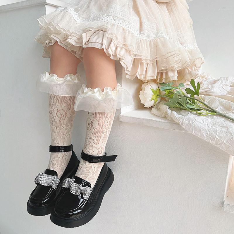 

Women Socks 3 Colors Kids Girls Lace Princess Mesh Floral Sheer Summer Mid Thigh Toddler, Black