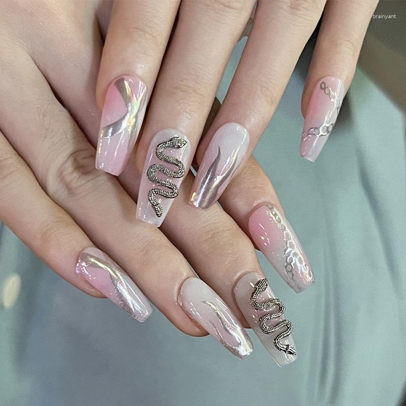 

False Nails 24pcs Cool Snake Diamond Fake Coffin Ballet Artificial Nail Patch Ins Sliver Flame Decor Lady Girl Wearable Stick On, H2