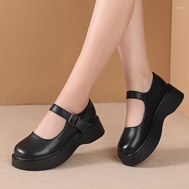 

Dress Shoes Women Flat Platform Cow Leather Mary Janes Round Toe Buckle Strap Ladies Daily Handmade Large Size, Black