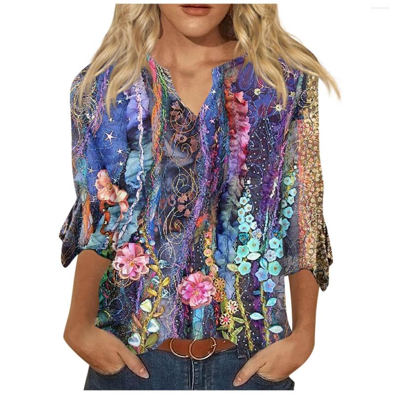 

Women' T Shirts Ladies Fashion Flower Print 3/4 Sleeve T-Shirts Sexy V-Neck Breathable T-Shirt Female Summer Comfort Large Size Tee Tops, Light purple
