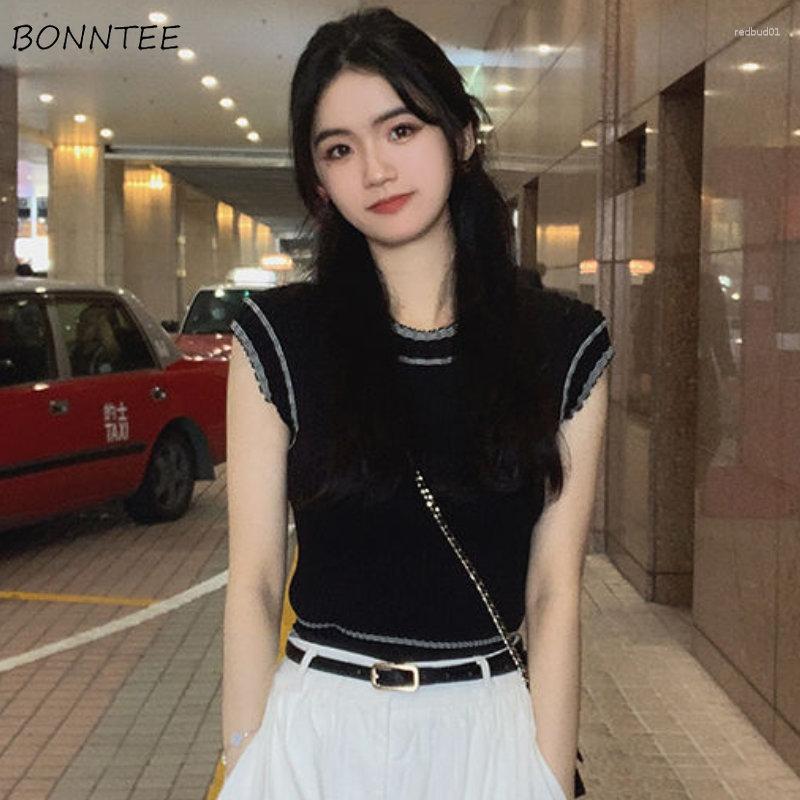 

Women's T Shirts Panelled T-shirts Women Summer Casual Basic Slim Students Gentle All-match Short-sleeve Knitted Fashion Simple Clothes, Black