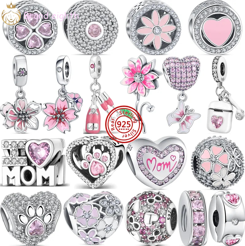 

For pandora charms sterling silver beads Bracelet Pink Flowers Paw Print Mom Heart Sweet charmes ciondoli