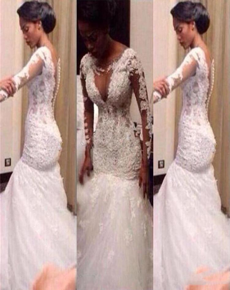 

South African Mermaid White Wedding Dresses Long Sleeves Beaded Lace Appliques Elegant Floor Length Wedding Gowns Buttonup Back B8574654, Same as image