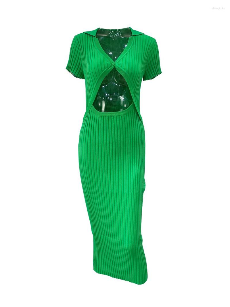 

Casual Dresses Women  Knitted Lapel Hollow Bodycon Dress Summer Autumn V-neck Short Sleeve Hip Pack Sexy, Black