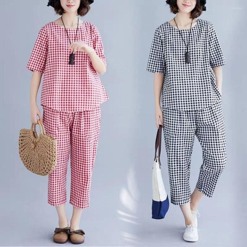 

Women's Tracksuits 2023 Summer Women's Trousers Suit Pastoral Fashion Loose Short Sleeve Two Piece Plaid Cotton T-shirt Pant Women Sets, Black