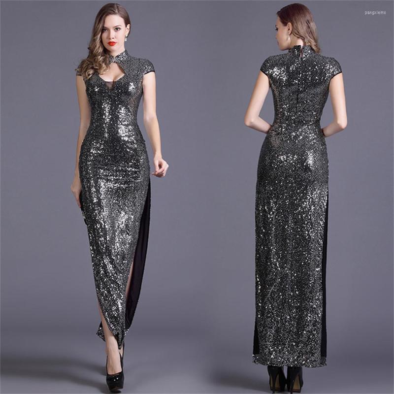 

Ethnic Clothing Silver Sequined Luxury High Slit Evening Dresses Gowns Women Low-cut Retro Sexy Slim Party Wedding Cheongsam
