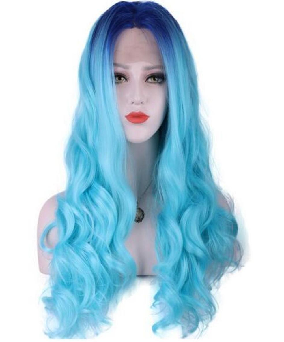 

Fashion High Temperature Fiber Heat Resistant Natural 22quot Long Body Wave Two Tones dark blue Ombre blue Roots Synthetic lace 918725080