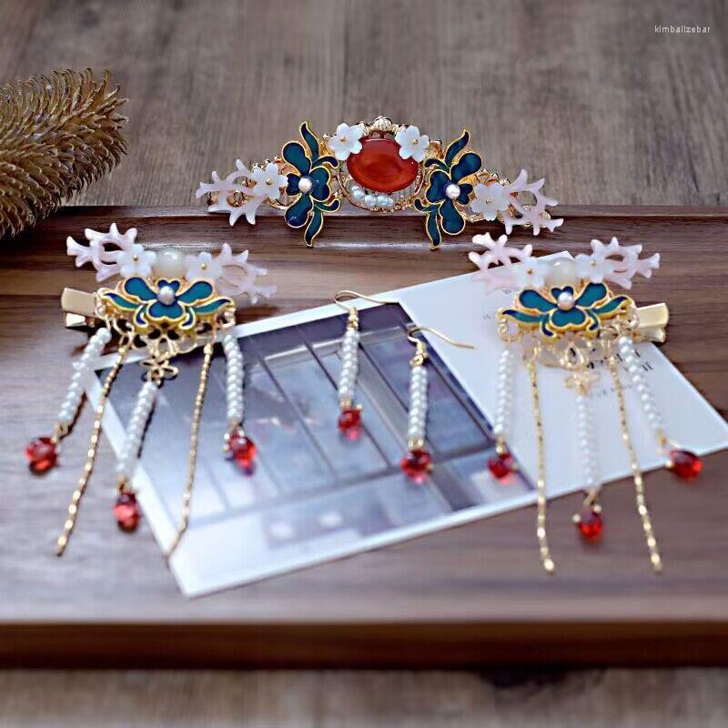 

Hair Clips Women's Blue Flower Antlers Tassel Crown Clip Earring Set Ancient Hanfu Headdress