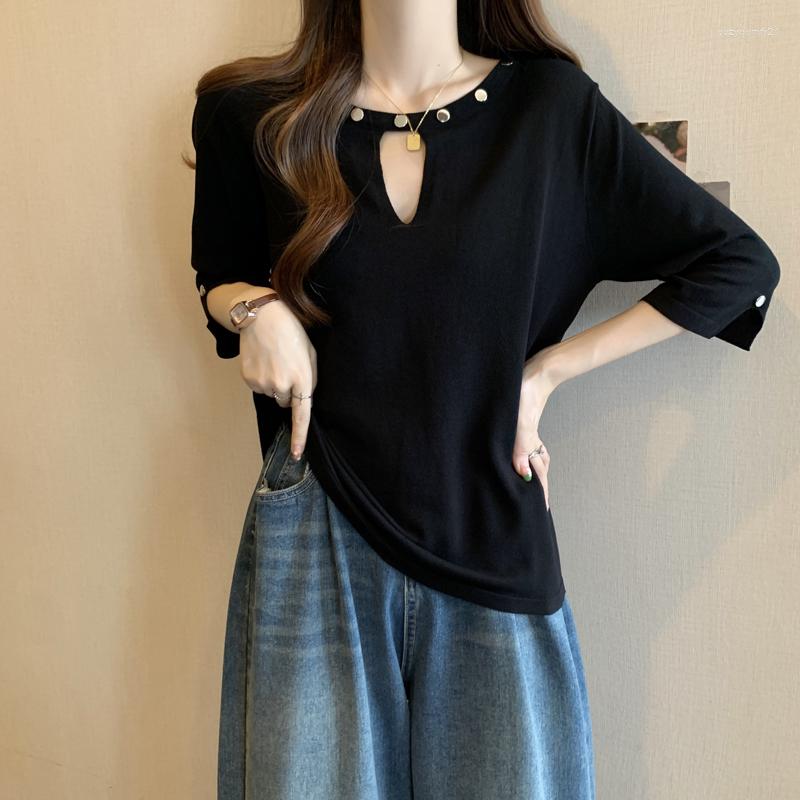 

Women's Sweaters Black Button Hollow Knit Sweater Tshirt Women 2023 Summer Short Sleeve V-neck Sweet Elegant Fashion Ladies Knitwear Tops