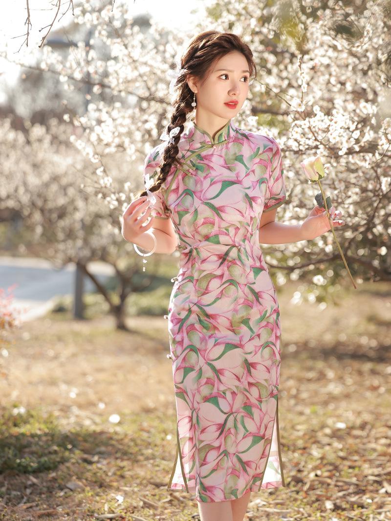

Ethnic Clothing Gentle Style Pink Floral Summer Cheongsam Sweet Vintage Women Mid Long Dress Daily Female Qipao Traditional Slim Dresses