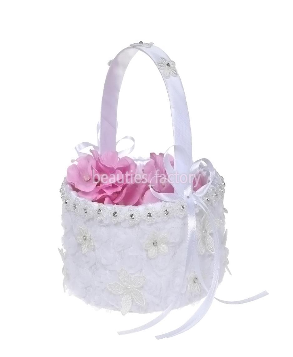 

White Wedding Flower Girl Basket with Satin Lace Bowknot Flower Petal Basket Wedding Favor Wedding Accessory B56677936643