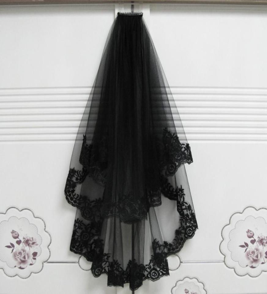 

2018 unique novelty stunning lace side black silk doublelayer wedding veil bridal veil halloween witch headpiece tulle veil cato1564311