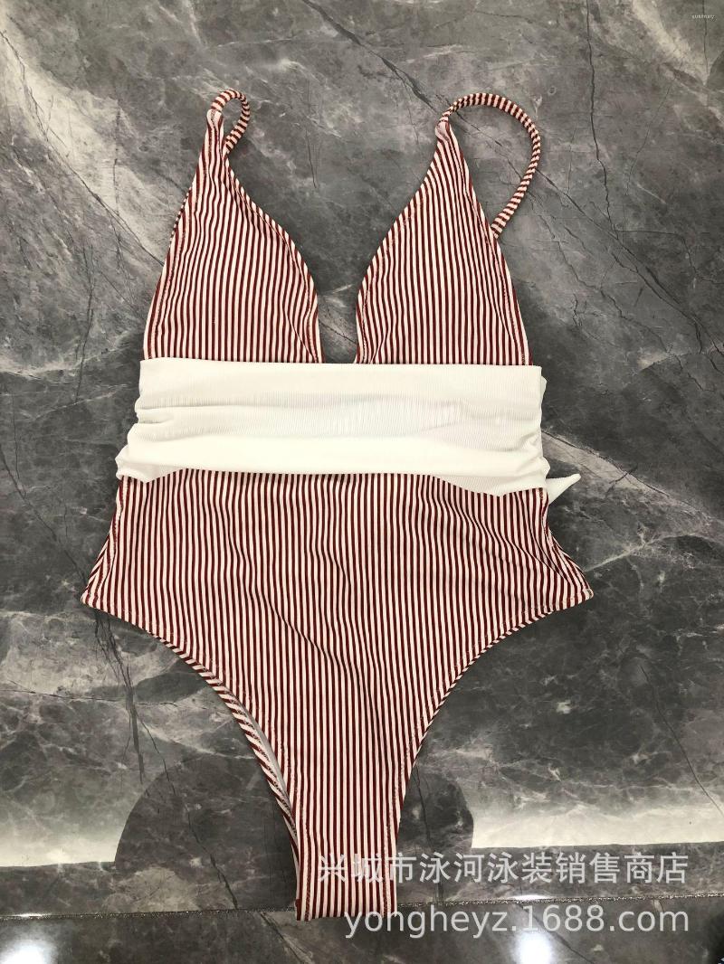 

Women's Swimwear 021Female Bodysuit Beach Bathing Suit One Piece Striped Deep V-neck Bikini Women Monokini Vintage Print Swimsuit, Blue stripes