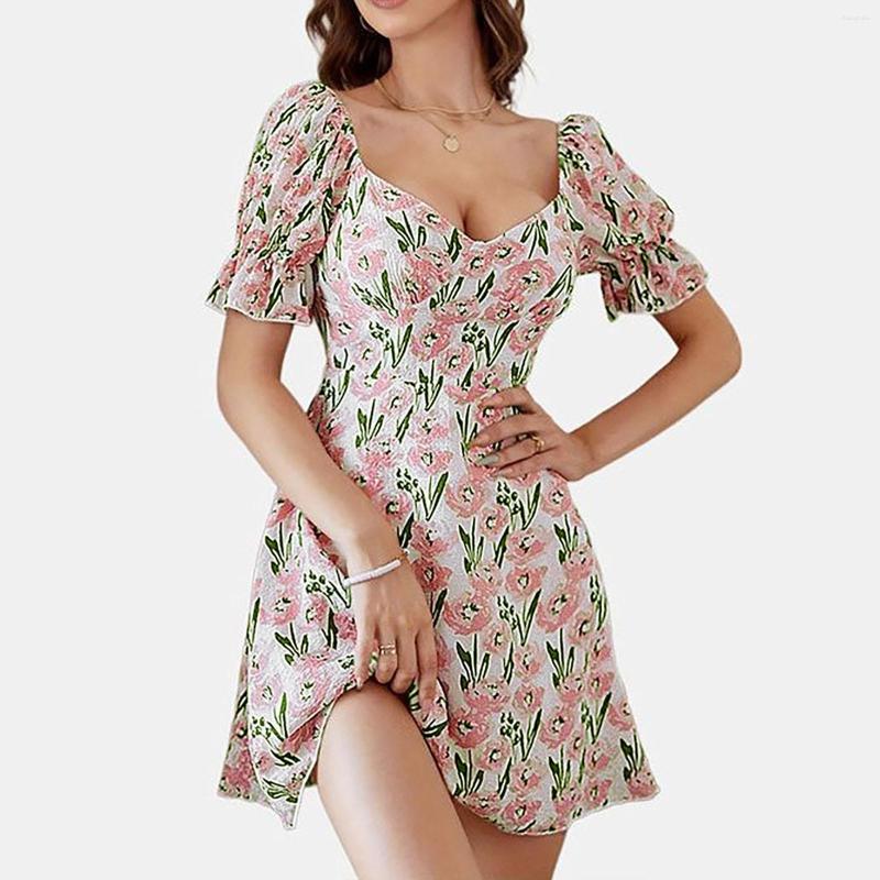 

Casual Dresses Summer Dress Women'S Sexy French Pleated Puff Sleeve V-Neck Floral Print Ruffles Mini Sundress Korean Style, Pink