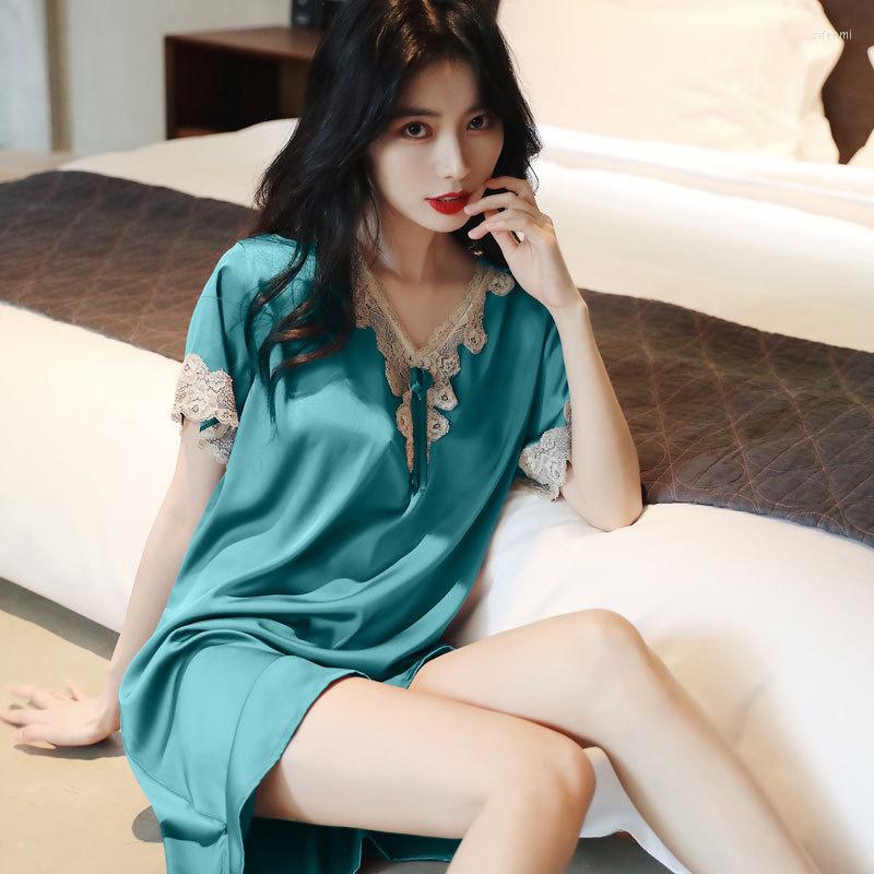 

Women's Sleepwear Lisacmvpnel Style Nightdress Female Ice Silk Loose Large European And Korean Sexy Lace Short Sleeve, Pink