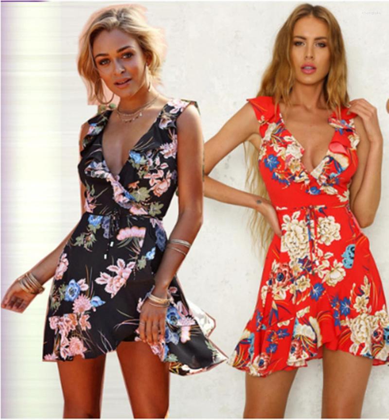 

Casual Dresses Summer Fashion Women' Sexy V Neck Floral Sleeveless Chiffon Dress A Line Beach Gowns Girls Mini, 01