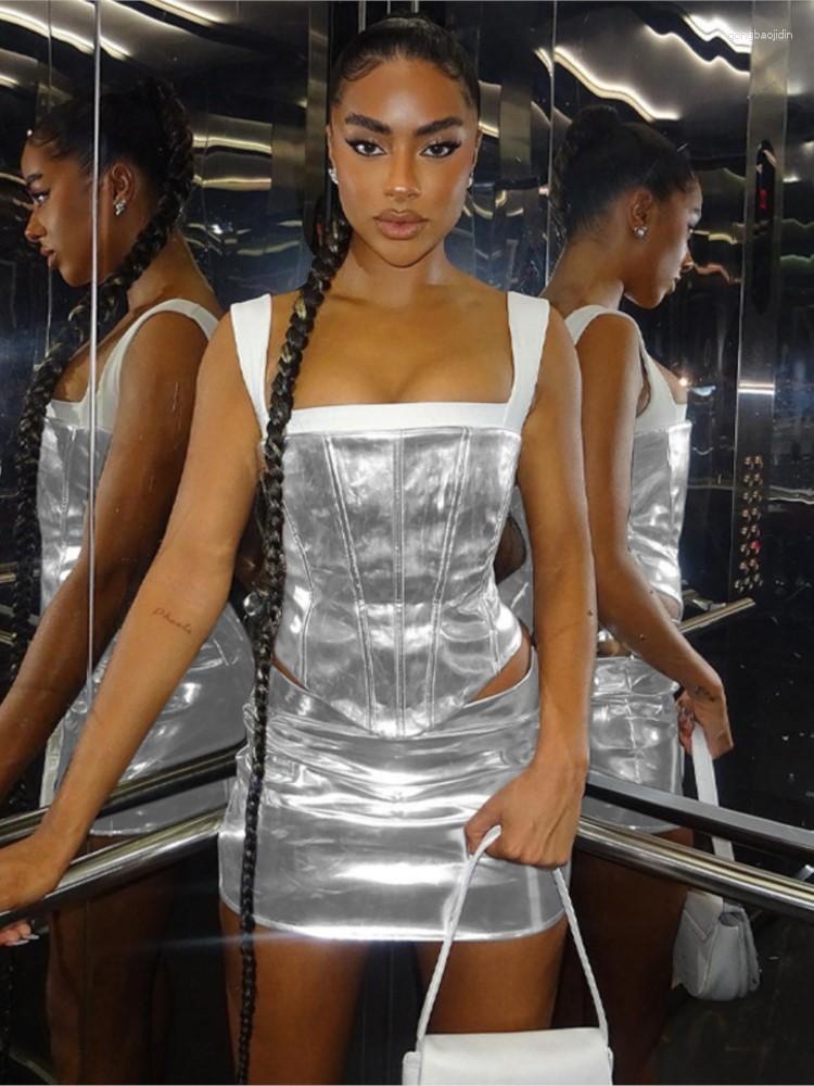 

Work Dresses Sexy Party Dress Set Women Street Style Sleeveless Crop Top & Mini Warp Skirt Ladies Silver Baddie Two Piece For Club Summer