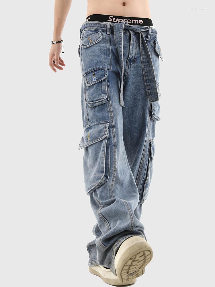 

Women' Jeans Y2K Retro Multi-Pocket Design Women Cargo Jean Trousers 2023 High Waist Tie Up Female Denim Pants Streetwear Chic, Wathet