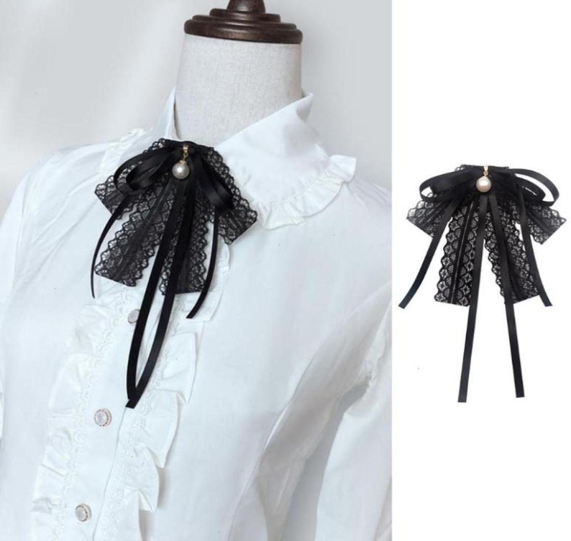 

Women Girls Black Lace Ribbon Bow Tie Faux Pearl Pendant Brooch Pin Necklace Uniform Shirt Blouse Pretied Jabot Collar3968812